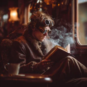 Person in steampunk-style goggles reading a book in a train carriage, used as a case study image for expert grant program advisory.