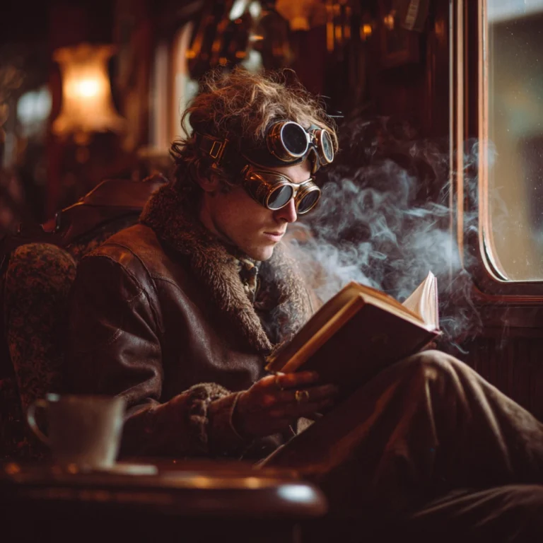 Person in steampunk-style goggles reading a book in a train carriage, used as a case study image for expert grant program advisory.