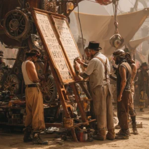 Team working together on a large mechanical drafting board, symbolising grant application form design.