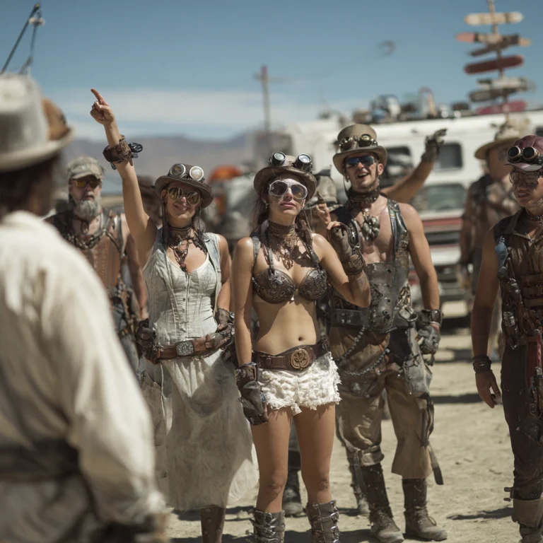 Group in steampunk attire pointing in a direction, symbolising eligibility rules and decision boundaries in grant programs.