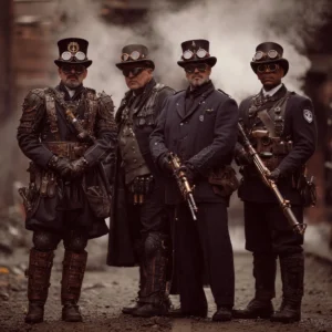 Group in steampunk security attire standing guard, symbolising fraud prevention and probity in grant programs.