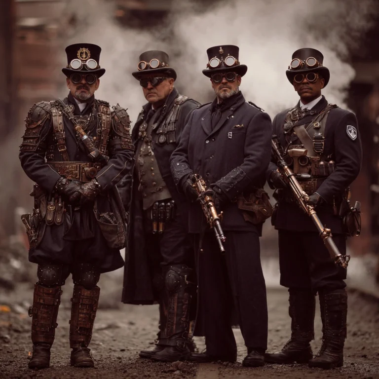 Group in steampunk security attire standing guard, symbolising fraud prevention and probity in grant programs.