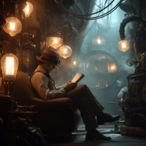 Steampunk laboratory scene with a man reading beside glowing Edison bulbs and mechanical equipment, symbolising research, experimentation, and learning.